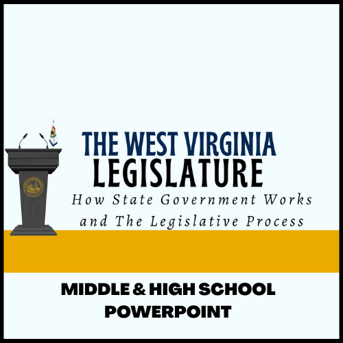 Image with podium and text. Click here for the middle school and high school level PowerPoint: How Government Works and the Legislative Process.