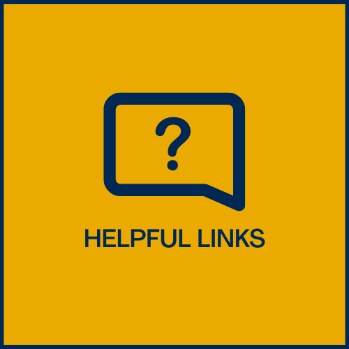 A question mark in a text bubble on a gold background. Click here for helpful links to other areas of state government.