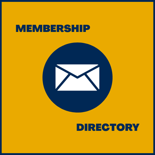 Image of white envelope in blue circle on gold background. Click here for the membership directory.