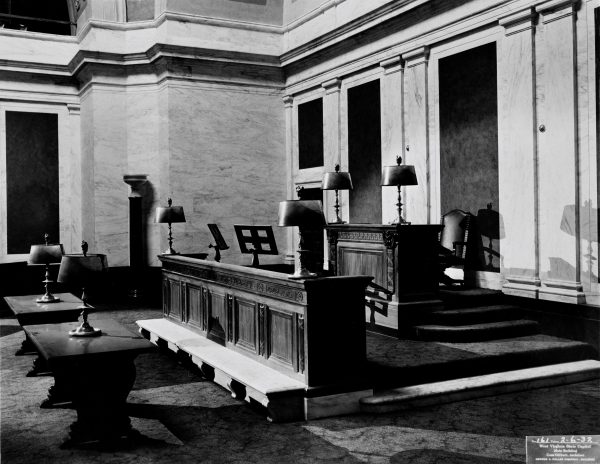 Image of completed Senate Chamber, President's Podium and Clerk's Desk.