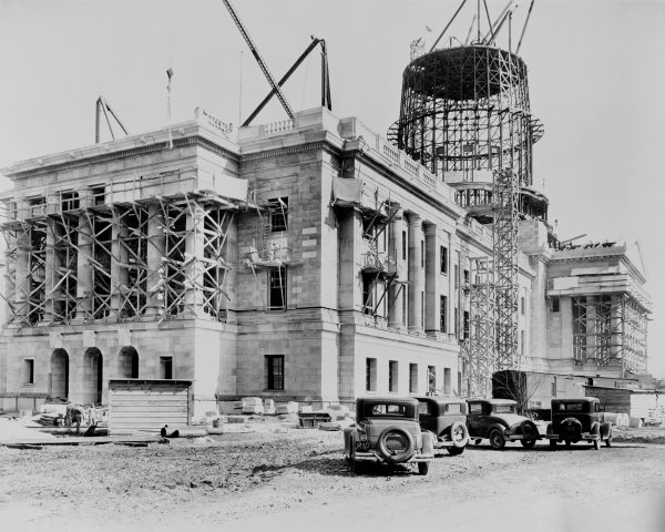 Image of construction of the main building of Capitol Complex from the Southwestern corner.