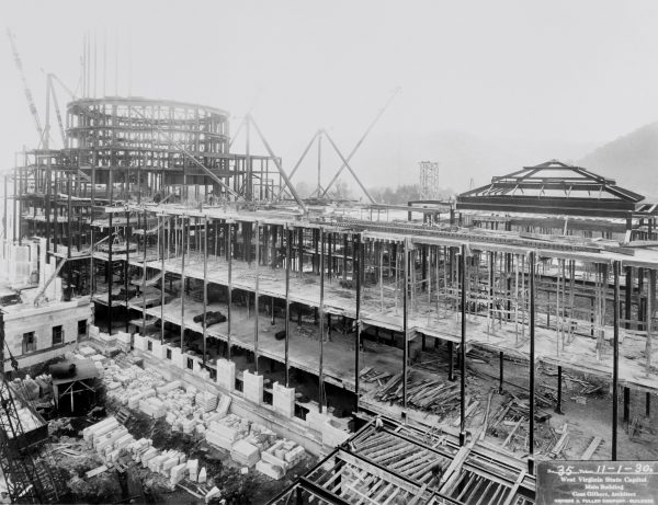 Image of the beginning stonework of the main building of the Capitol Complex.